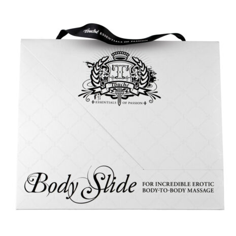 N7979x4jpg White product box with a black ribbon handle, featuring a decorative crest logo at the top and 'Body Slide' in cursive at the bottom left with the tagline 'FOR INCREDIBLE EROTIC BODY-TO-BODY MASSAGE' on the right.