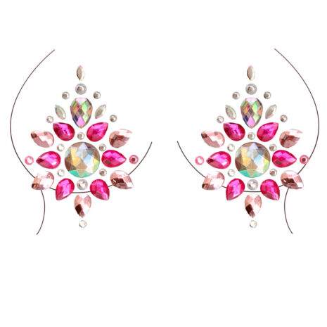 NIPPLE007x1jpg Pair of jeweled chandelier earrings with pink and iridescent crystals on a white background, shown in two symmetrical clusters