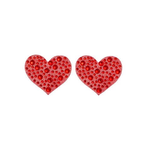 Two red glittery hearts covered with rhinestones shown side by side on a white background.