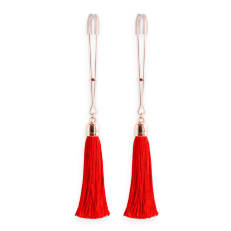 NSN-1302-26x1jpg Pair of red tassel earrings with rose-gold hooks and caps against a white background