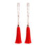 Pair of red tassel earrings with rose-gold hooks and caps against a white background