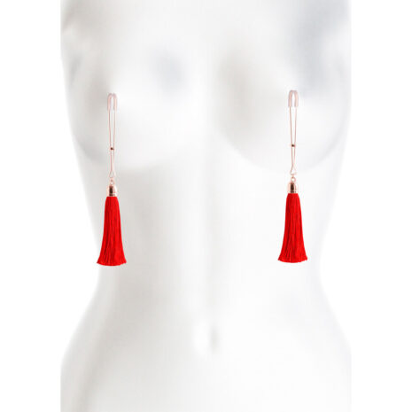 NSN-1302-26x2jpg Rose gold-tone hook earrings with bright red tassels shown on a white mannequin torso.