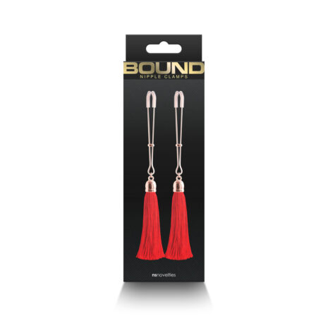 NSN-1302-26x3jpg Packaging for Bound nipple clamps with rose-gold metal and bright red tassels danging from each clamp