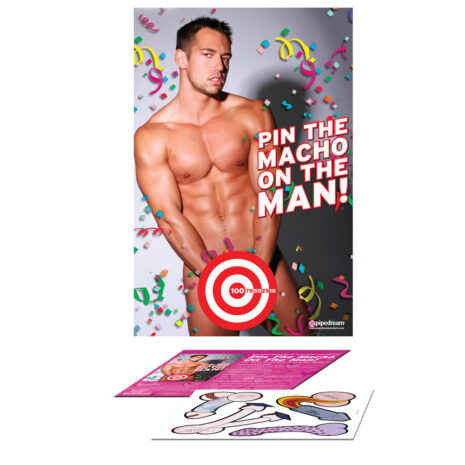 Poster for a party game showing a shirtless man amid confetti with bold text 'PIN THE MACHO ON THE MAN!'. A red bullseye target is at the lower torso area.