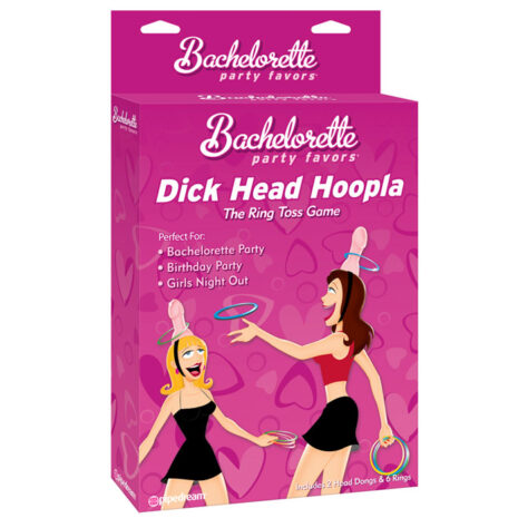 PD8226-00x1jpg Pink Bachelorette party game box for 'Dick Head Hoopla: The Ring Toss Game' with two women tossing rings on a magenta background.