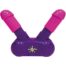 Dual-ended pink twin shaft sex toy attached to a purple base labeled Cum Face (adult product)