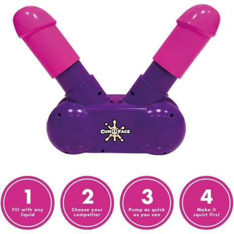 PWMCF1x2jpg Purple dual-ended sex toy with pink tips and a purple base, featuring four pink instruction circles labeled 1–4.