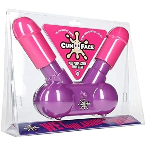 PWMCF1x4jpg Purple dual-pump sex toy with pink phallic ends in clear blister packaging labeled 'Cum Face'