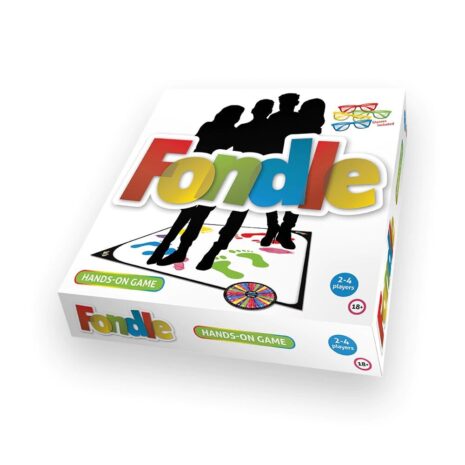 Box for the party game Fondle with a colorful logo, silhouette of people on a game mat, labeled Hands-On Game for 2–4 players, 18+.