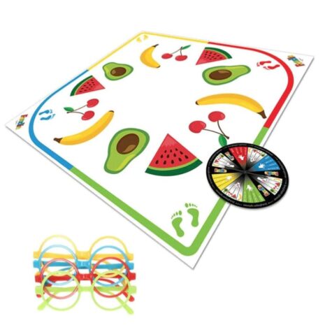 PWMFON1x2jpg Fruit-themed Twister game mat with a spinner and colorful plastic rings beside it.