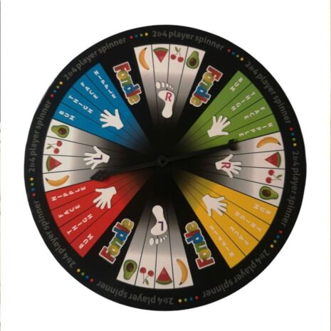 PWMFON1x3jpg Colorful circular game wheel labeled '264 player spinner' with numbered segments and fruit icons, used to randomly pick a prize or option.