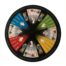 Colorful circular game wheel labeled '264 player spinner' with numbered segments and fruit icons, used to randomly pick a prize or option.