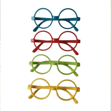 PWMFON1x4jpg Four pairs of colorful round glasses stacked vertically: blue, red, green, and yellow frames.