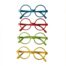 Four pairs of colorful round glasses stacked vertically: blue, red, green, and yellow frames.