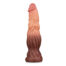 Lifelike silicone dildo standing upright with a veined shaft and flared base in pink-brown tones