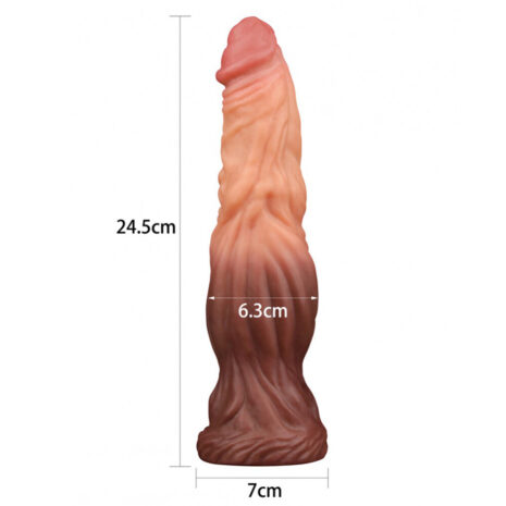 R4525x2jpg Gradient-brown to pink dildo with a textured shaft, measuring 24.5 cm tall and 7 cm wide at the base (about 6.3 cm diameter near the midsection).