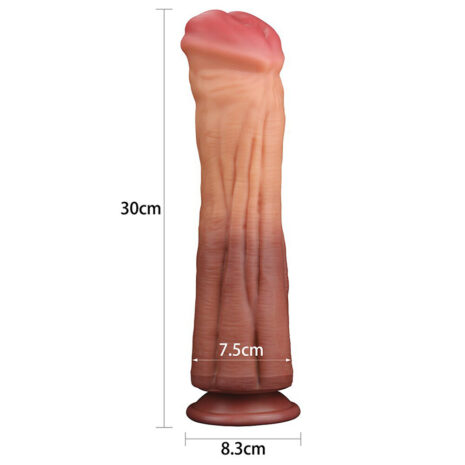 R4526x2jpg Life-size pink silicone dildo standing upright with a tapered tip; dimensions shown: 30 cm tall, 7.5 cm width at the base, 8.3 cm base diameter; suitable as a sex toy.