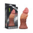 Pink silicone dildo with a textured shaft shown beside its black packaging for the dual-layered silicone plug.