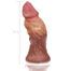 A silicone dildo standing upright with a textured, veined surface; overall height about 18 cm, diameter about 5.5 cm at the midsection, and a 7 cm wide base.