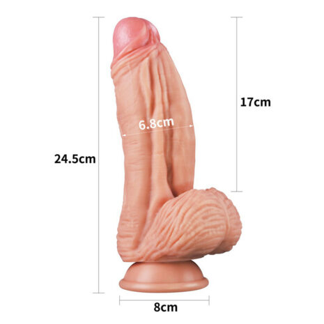 R4528x2jpg Pink silicone dildo on a circular base with measurement labels: total height 24.5 cm, insertable length 17 cm, shaft diameter 6.8 cm, base diameter 8 cm.