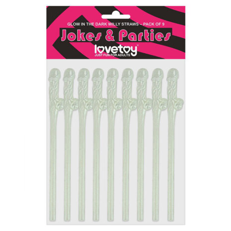 R4543x1jpg Pack of nine glow-in-the-dark Willy-shaped straws with ribbed shafts in pale green.