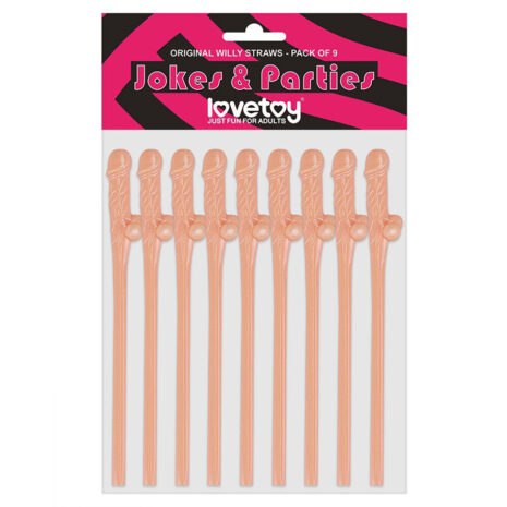 Pack of nine peach-colored penis-shaped drinking straws in novelty 'Jokes & Partiers' packaging by Lovetoy