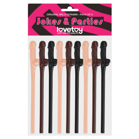 R4545x1jpg Pack of nine novelty Willy straws in pink, peach, brown, and black on product packaging saying 'Jokes & Partiers' by Lovetoy (Original Willy Straws)