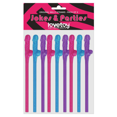 R4546x1jpg Pack of nine colorful Willy straws with penis-shaped tops in pink, blue, and purple (adult novelty party items)