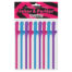 Pack of nine colorful Willy straws with penis-shaped tops in pink, blue, and purple (adult novelty party items)
