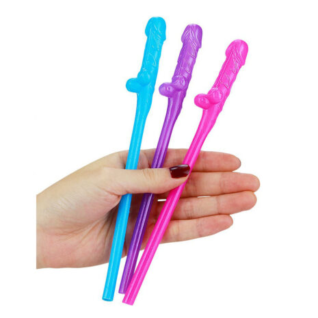 R4546x3jpg Hand holding three colorful penis-shaped plastic novelty straws (blue, purple, pink).