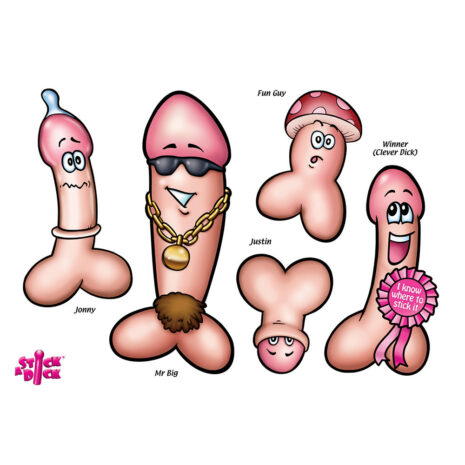 SADHx4jpg Cartoon group of anthropomorphic penis characters with goofy faces and accessories, labeled with names (Jonny, Mr Big, Fun Guy, Justin, Winner).