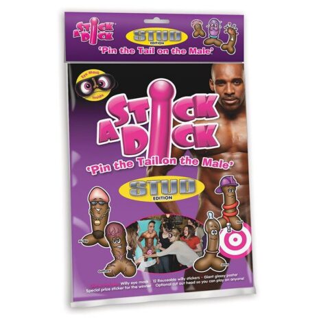 SADSx1jpg Packaging for 'Stick A Dick' Stud Edition—adult novelty toy with pink logo, cartoon penile characters, and a shirtless man on a purple background.