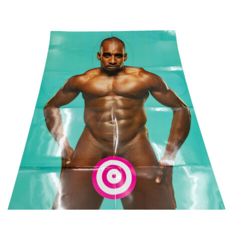 SADSx2jpg Nude muscular man stands with hands on hips, pink bullseye target over groin on a turquoise backdrop.