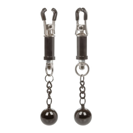 SE-2551-20-2x1jpg Pair of small metal clamp devices with black handles at the top, connected to short chains ending in black spheres—the two matching keychain accessories.