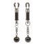 Pair of small metal clamp devices with black handles at the top, connected to short chains ending in black spheres—the two matching keychain accessories.