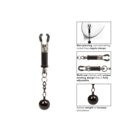 SE-2551-20-2x3jpg Nipple clamp device with two adjustable clamps, a long chain, and a hanging weight for stimulation.