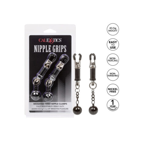 SE-2551-20-2x4jpg CalExotics weighted twist nipple clamps in packaging with two metal clamps and keychain-style chains ending in black balls, labeled Nipple Grips by CalExotics.