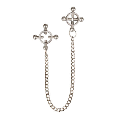 SE-2552-15-2x1jpg Two metal nipple clamps connected by a short chain, each clamp with a circular ring and ball ends for adjustment and grip