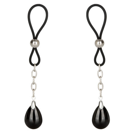 Pair of black teardrop dangle earrings with a silver chain and bead on each side.