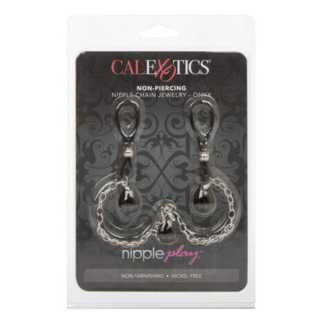 SE-2616-10-2x2jpg Packaged CalExotics nipple chain jewelry, non-piercing, in black-onyx color with a silver chain.