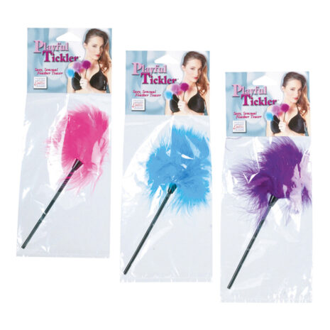 Three feather ticklers in pink, blue, and purple, each in plastic packaging with a model image and the label 'Playful Tickler'