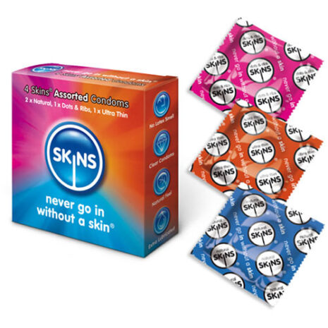 Box of SKINS assorted condoms with flavored foil packets fanned to the side, showing pink, orange, and blue wrappers.