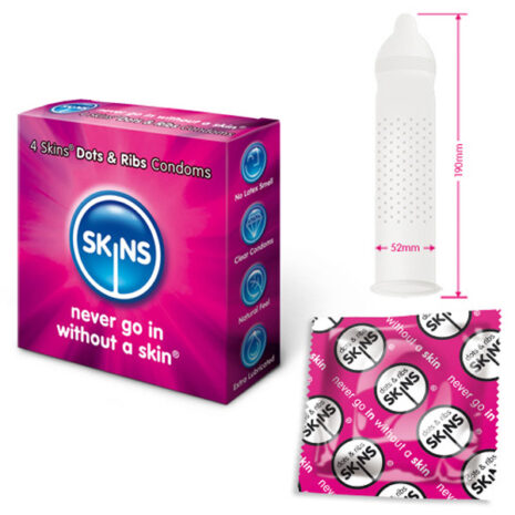 SKDR4x1jpg Pink SKINS condoms box with a white condom in a dispenser and a pink wrapped condom pack beside it.