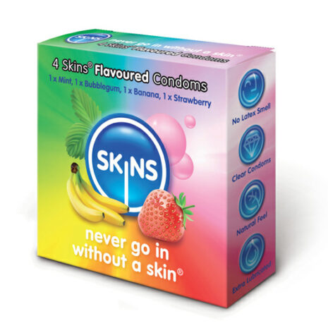 SKF4x1jpg Front of a colorful SKINS 4 Skins flavoured condoms box with fruit graphics and the slogan 'never go in without a skin'.