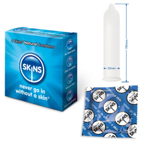 SKN4xjpg Blue SKINS condom box labeled '4 Skins Natural Condoms' with slogan 'never go in without a skin', plus a transparent condom sleeve and a SKINS wrapper pack, conveying a male contraceptive product.