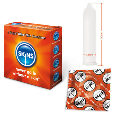 Box of SKINS Ultra Thin Condoms, a single condom with 189 mm length and 52 mm width, and a SKINS foil packet.
