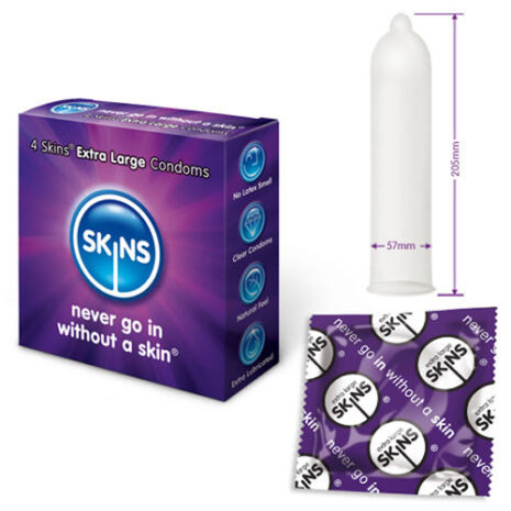 SKXL4xjpg Box of SKINS extra-large condoms next to an inflated condom with size dimensions, and a foil-wrapped condom packet nearby