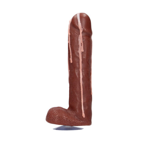 SLI176-2x1jpg Brown sex toy shaped like a penis, standing upright on a small circular base with textured shaft and pink vein-like streaks.