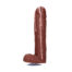 Brown sex toy shaped like a penis, standing upright on a small circular base with textured shaft and pink vein-like streaks.
