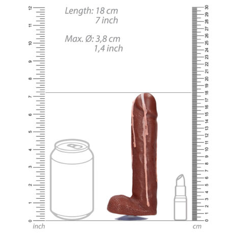 SLI176-2x4jpg Dildo standing upright between a soda can and lipstick with rulers on sides, showing 18 cm (7 in) length and max diameter 3.8 cm (1.4 in).